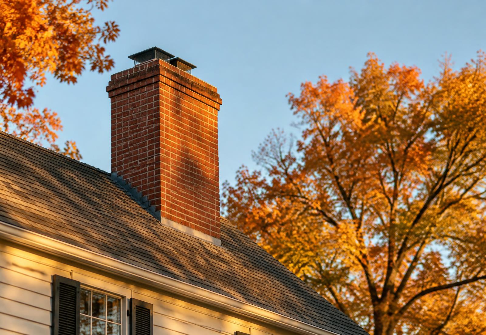 Red brick chimney with a metal cap on a pitched shingle roof in autumn